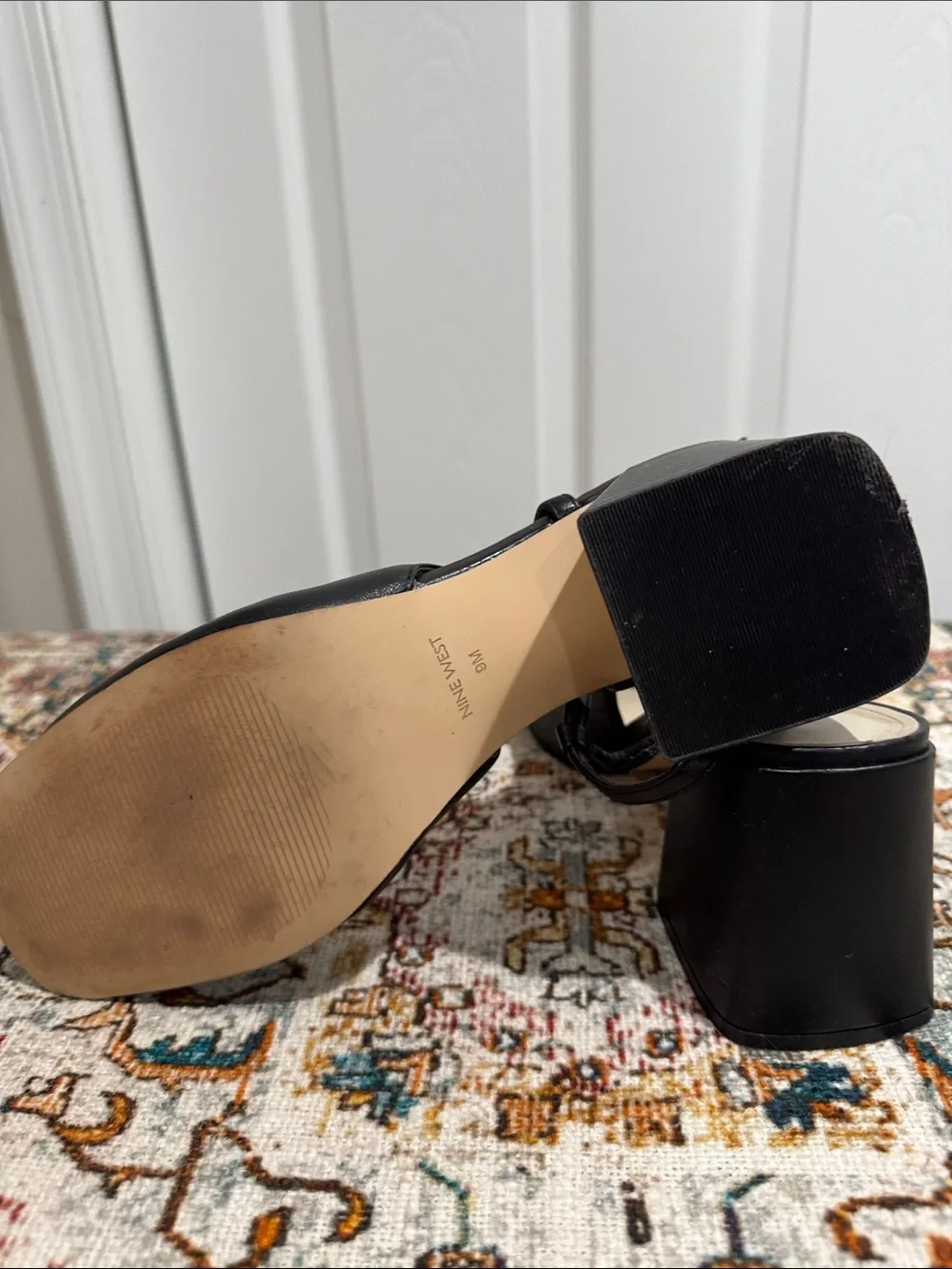 Nine West Black Leather Slingback Block Heels with Gold Chain Detail